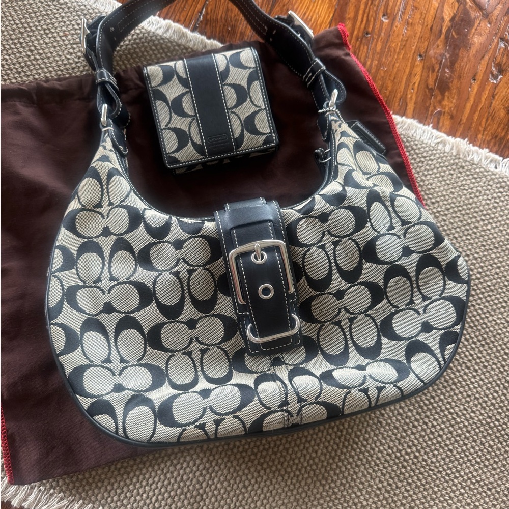 Coach Black and Cream Women's Bag and matching wallet